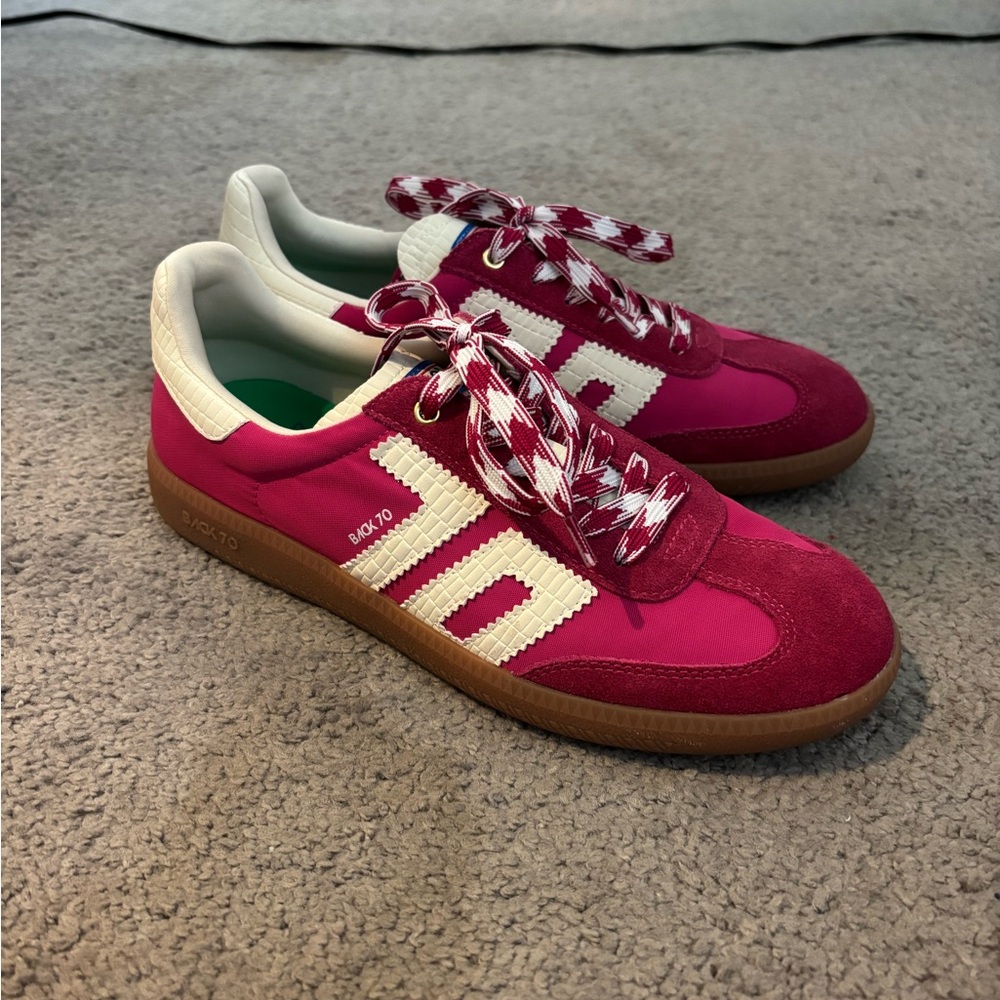 Women's Magenta Suede Retro-Style Sneakers with Cream Stripes